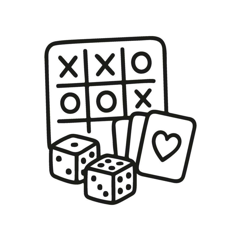 A simple line art doodle features a tic-tac-toe game board, two dice, and three playing cards, creating a playful and fun vector