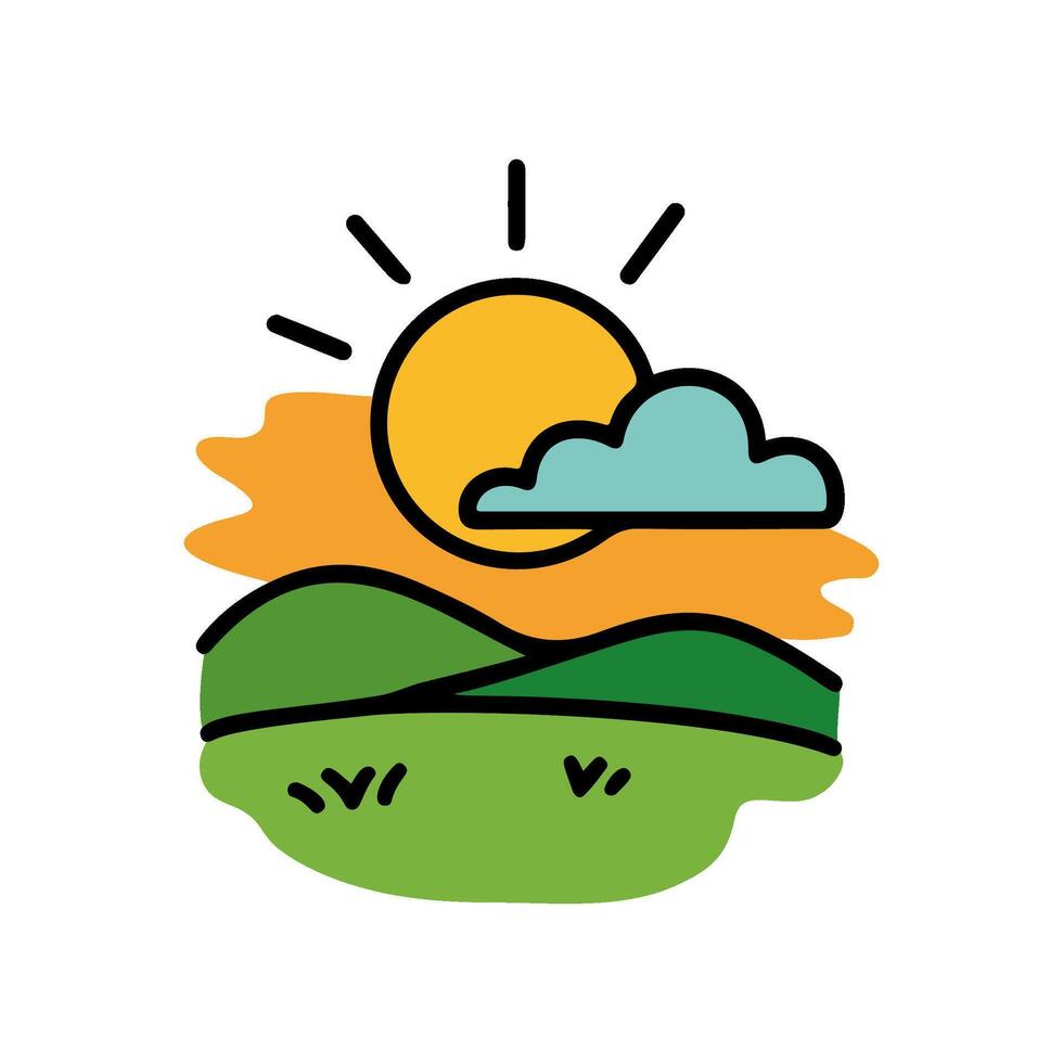 Hand drawn outdoor landscape doodle shows sun, a cloud, rolling green hills, and orange horizon. Design is a simple doodle style created using lines vector