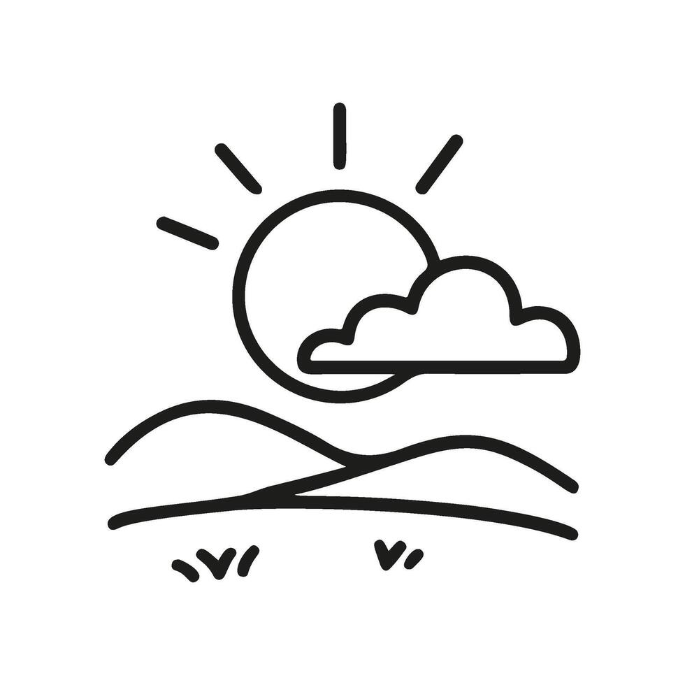 Doodle icon shows a landscape. A sun with rays shines behind a cloud over hills. Grass grows in the foreground. The is hand drawn vector