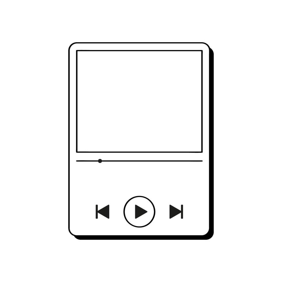 A hand drawn style icon depicts a media player with a blank screen, play and skip buttons, and a progress bar in a simple line illustration vector