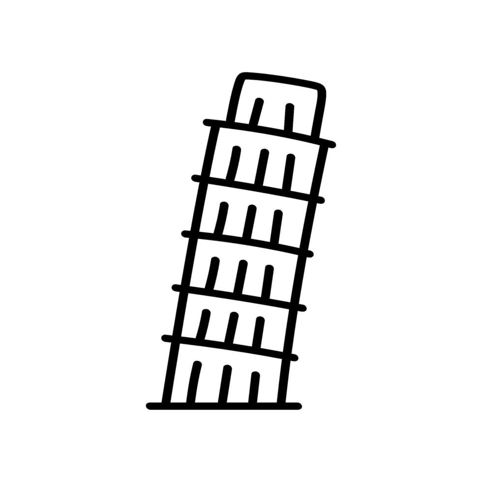 A hand-drawn, simple line icon showing the Leaning Tower of Pisa. It is a drawing and shows the famous landmark at a tilted angle vector