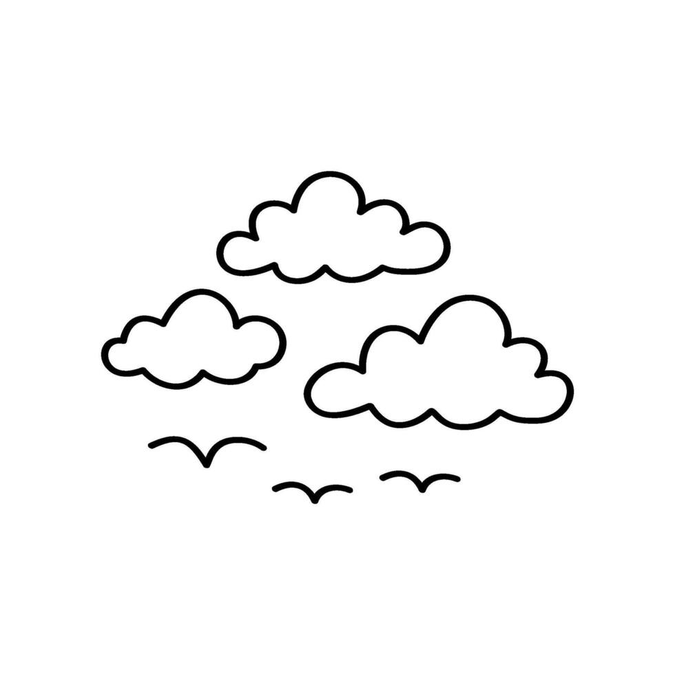 Three simple line art clouds floating in the sky with some birds flying underneath. The design is hand drawn and has a clean style vector