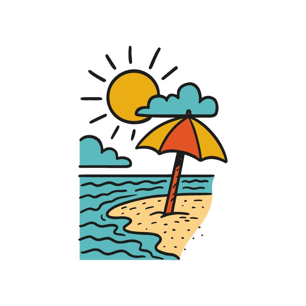 A hand drawn beach doodle with an orange and yellow beach umbrella, wavy ocean, clouds, and a bright sun, created in line art vector
