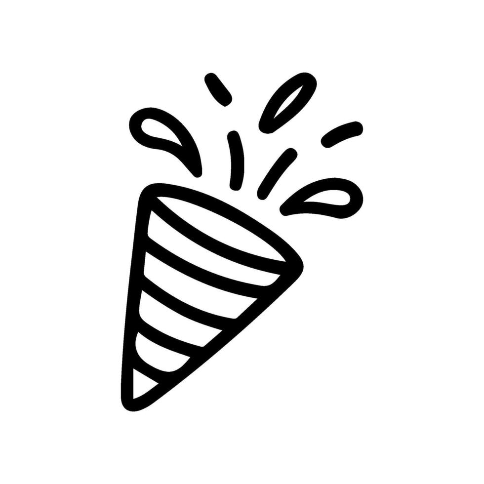 Black line art shows a hand drawn party popper icon exploding confetti. Perfect for event invitation or holiday decoration. Isolated on white background vector