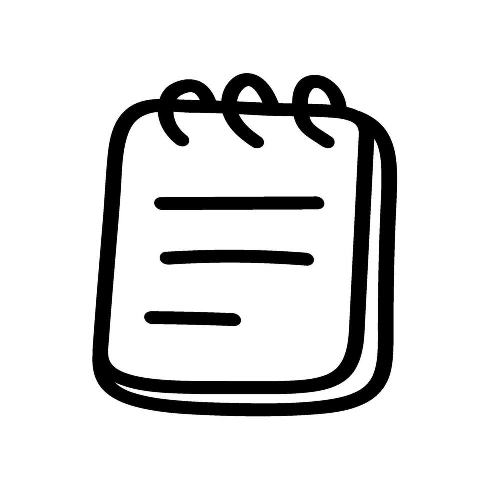 This shows a hand drawn notebook, with spiral binding and horizontal lines indicating text. It's a simple icon, drawn with black lines against a white background vector