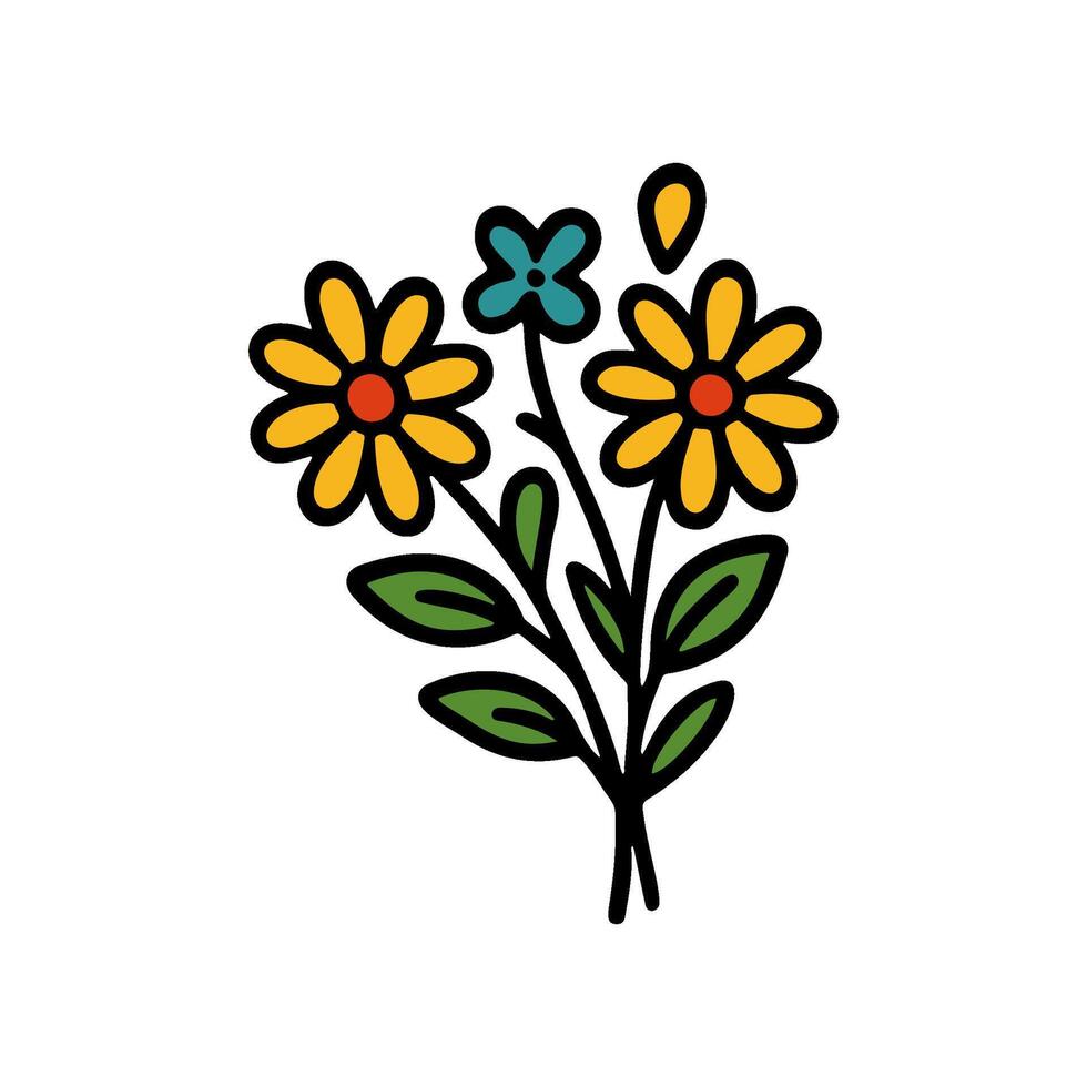 A cute and simple hand drawn featuring a small bouquet of yellow daisies and one smaller blue flower, outlined in black with green leaves vector