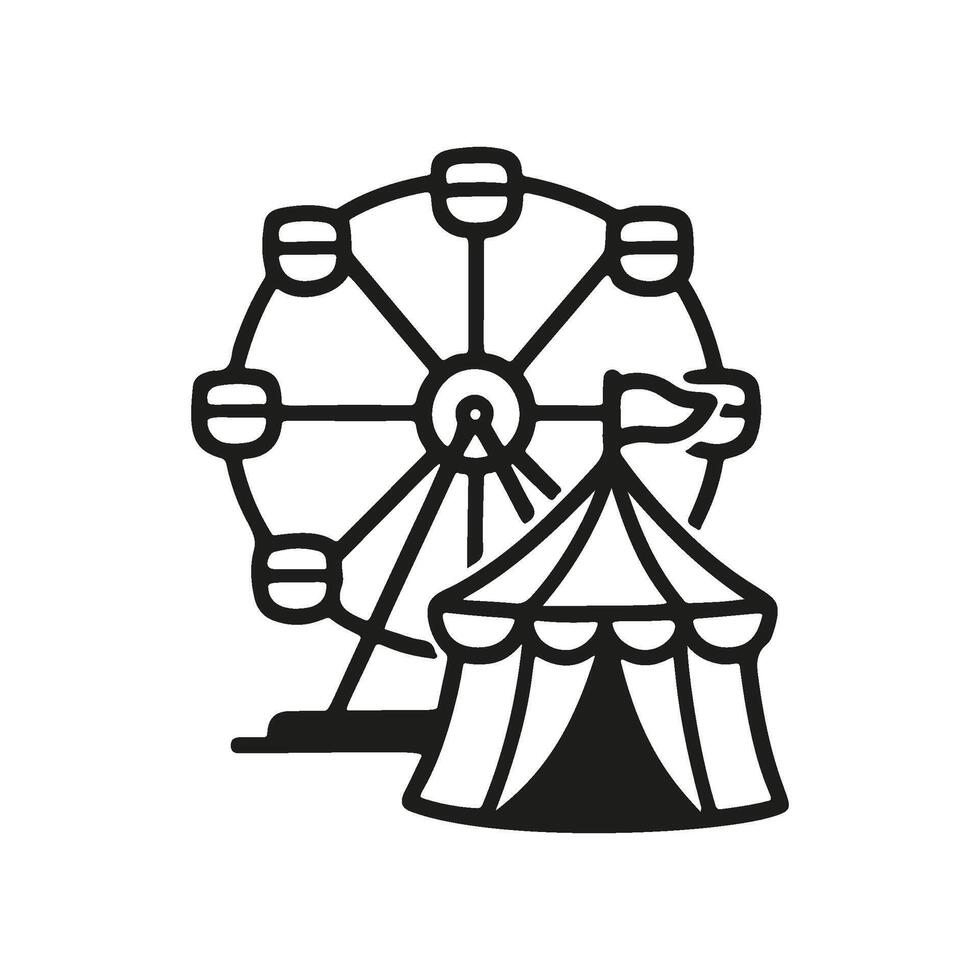 A line drawing shows a Ferris wheel behind a circus tent with a small flag on top, designed as a illustration doodle, in monochrome style vector