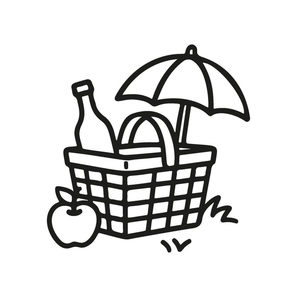 A simple, hand drawn line art doodle shows a picnic basket containing a wine bottle and umbrella. An apple sits beside the basket on the grass vector