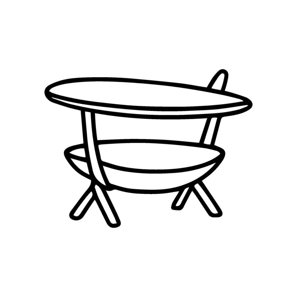 Minimalist style hand drawn graphic. A retro side table with oval surface and a small shelf below is displayed vector