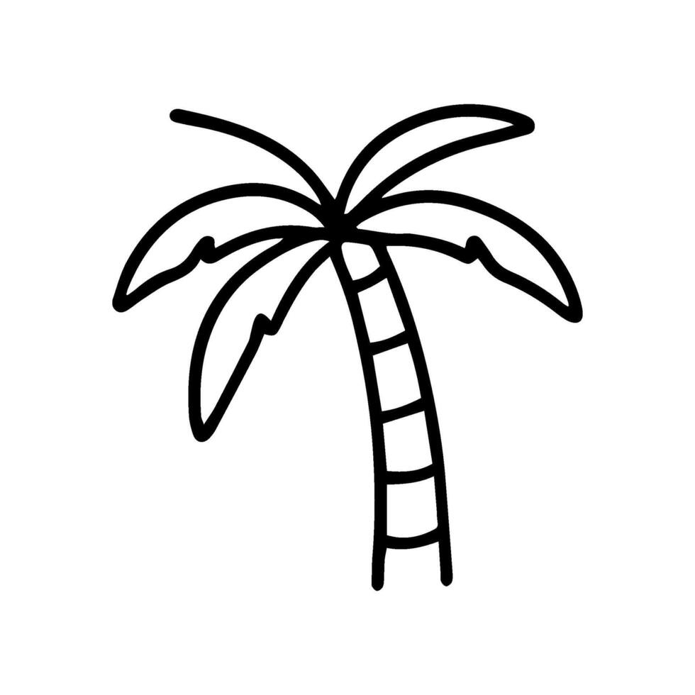 A hand drawn, black and white line drawing presents a simple doodle of a palm tree. The tree shows fronds at the top and segments along its trunk vector