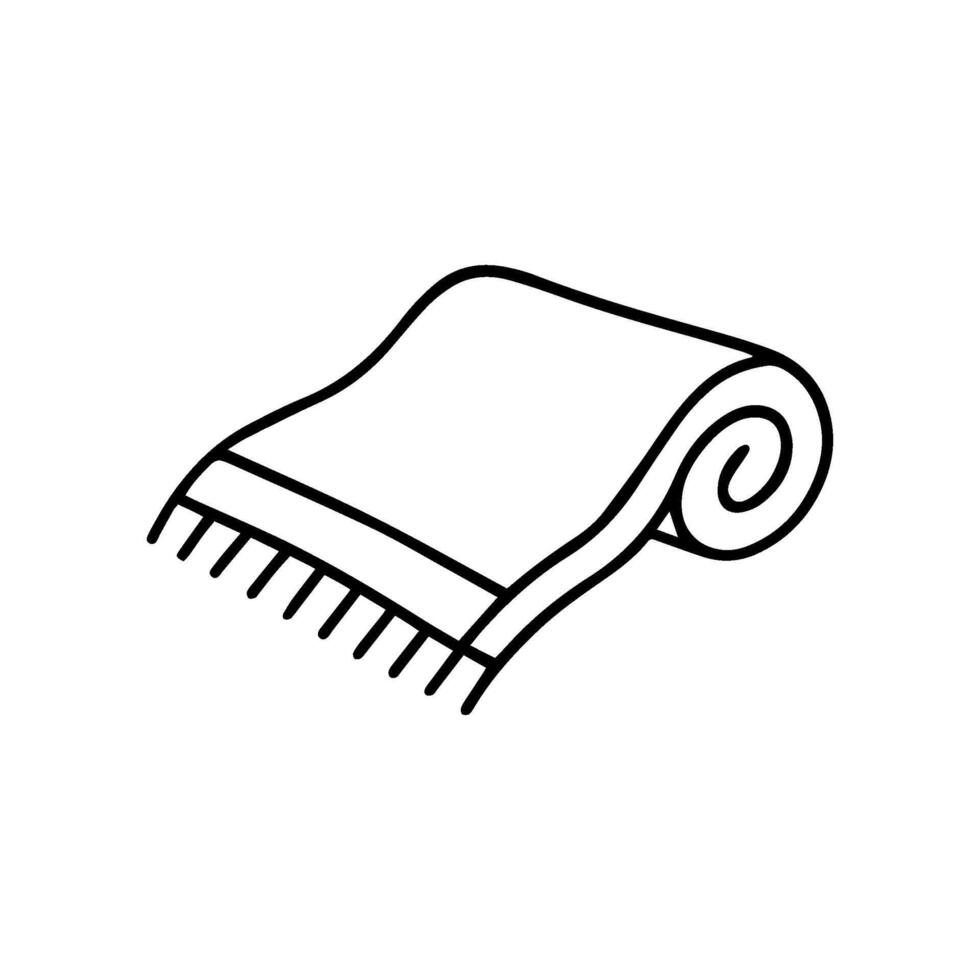 An illustration shows a partially rolled blanket or carpet. It has fringe on one end and is drawn with a simple hand drawn, line art style vector