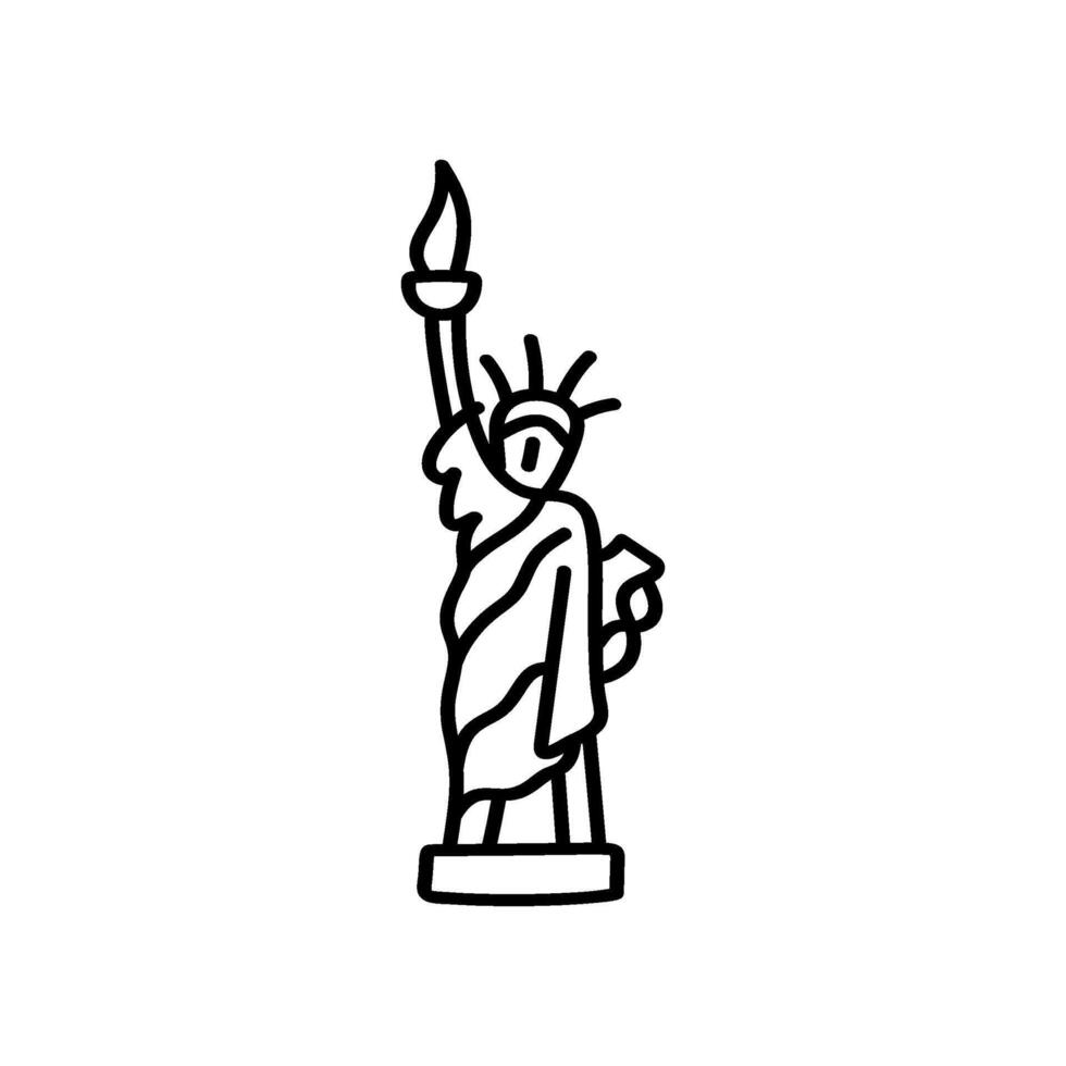 Hand drawn line art illustration shows the Statue of Liberty. A torch is held high. The iconic landmark represents New York and United States history vector