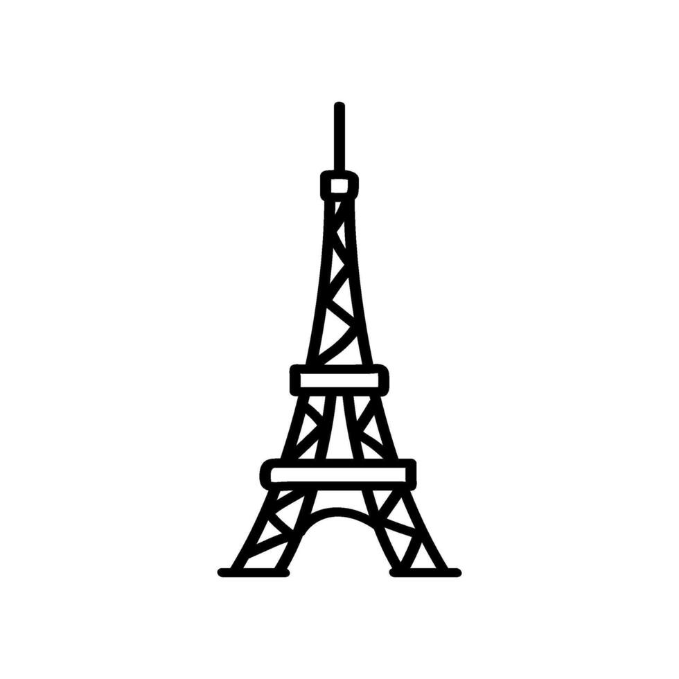 A hand-drawn black outline of the Eiffel Tower stands out against a white backdrop. Its iconic shape is rendered in a minimalist, line style vector