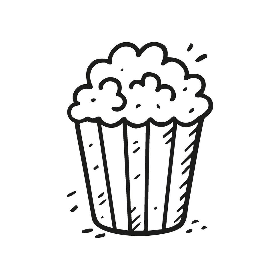 Cartoon style shows a container full of popcorn. The food is represented with a simple outline and some extra details to give it movement vector
