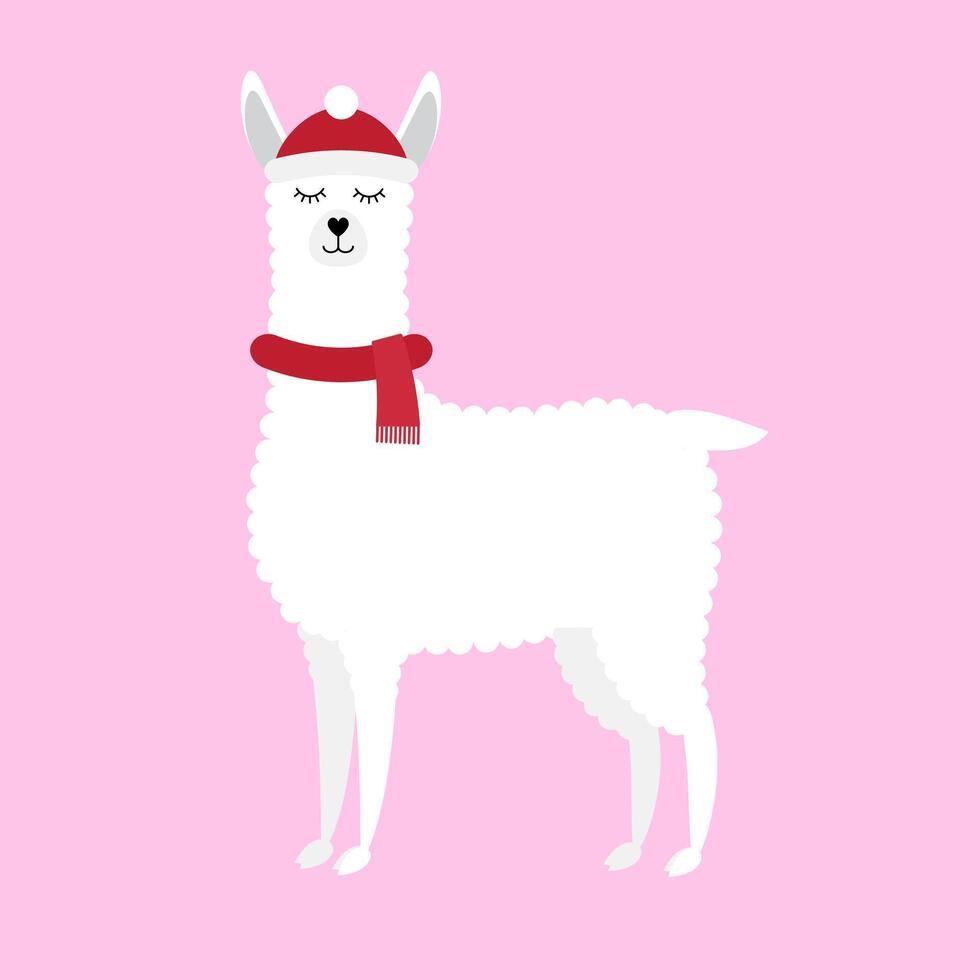 Flat cartoon llama in winter hat and scarf isolated on pink vector