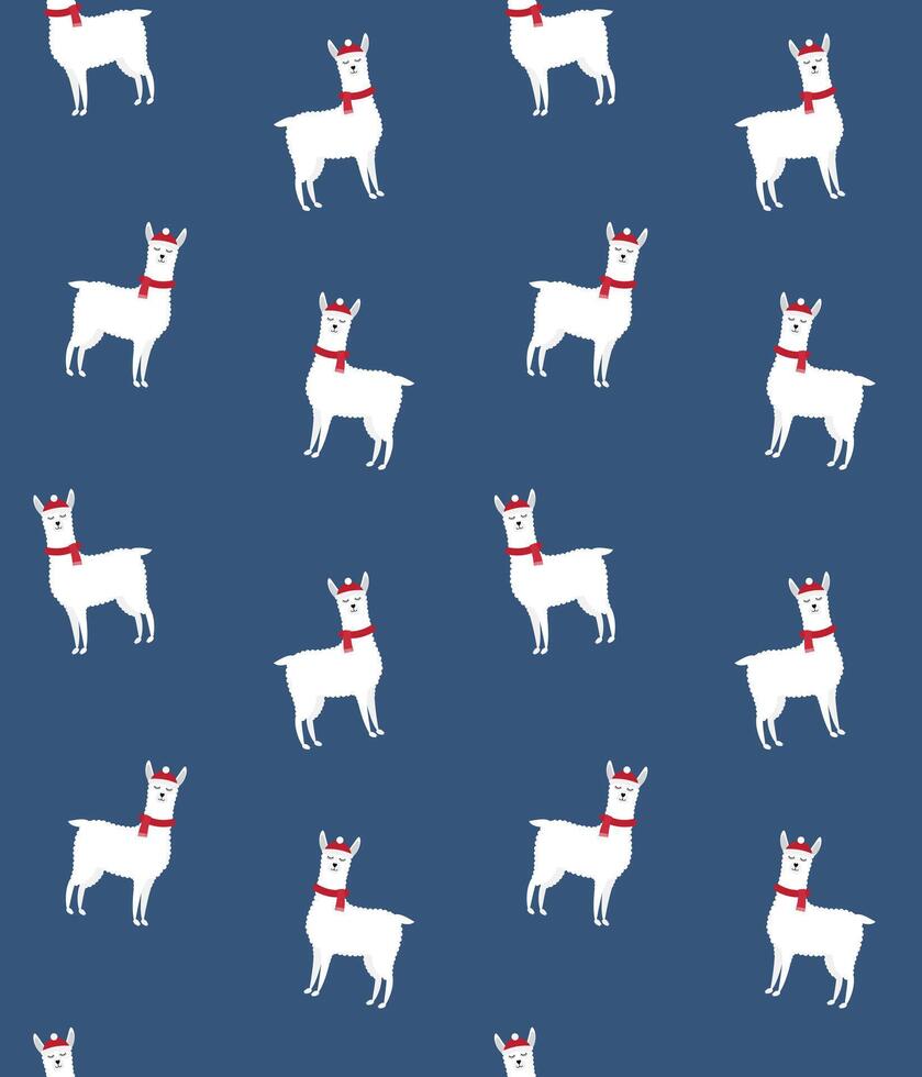 Seamless pattern of flat cartoon llama in winter hat and scarf isolated on background vector