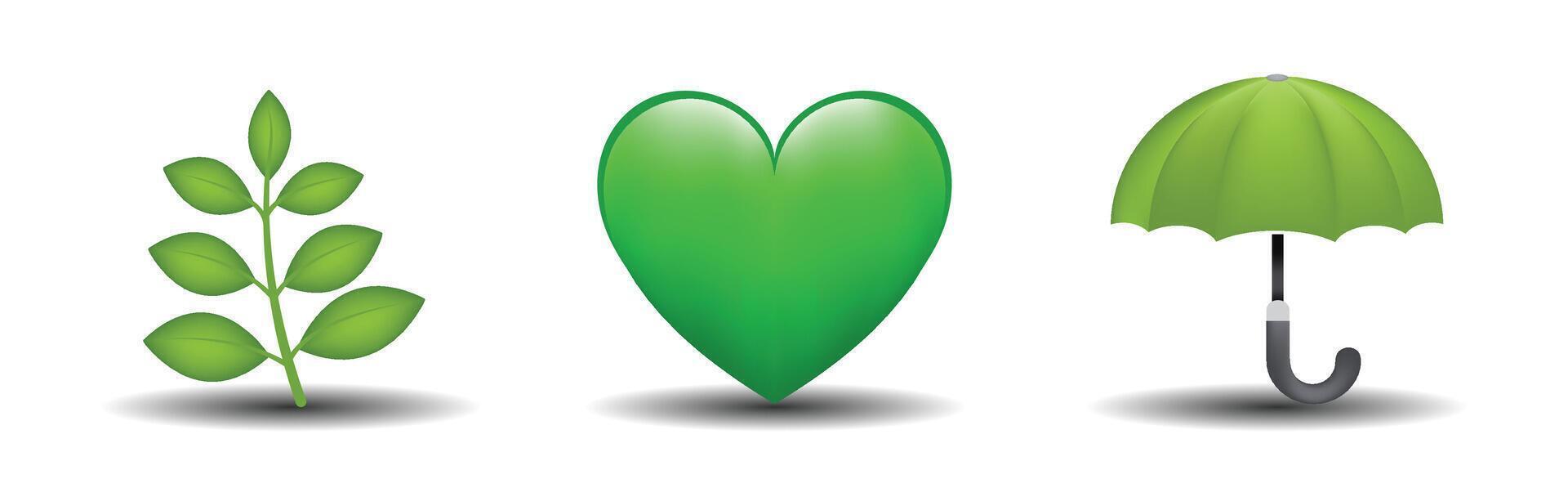 3 emoticons isolated on white background. Green color heart, branch, umbrella emoji illustration. 3d illustration set. vector
