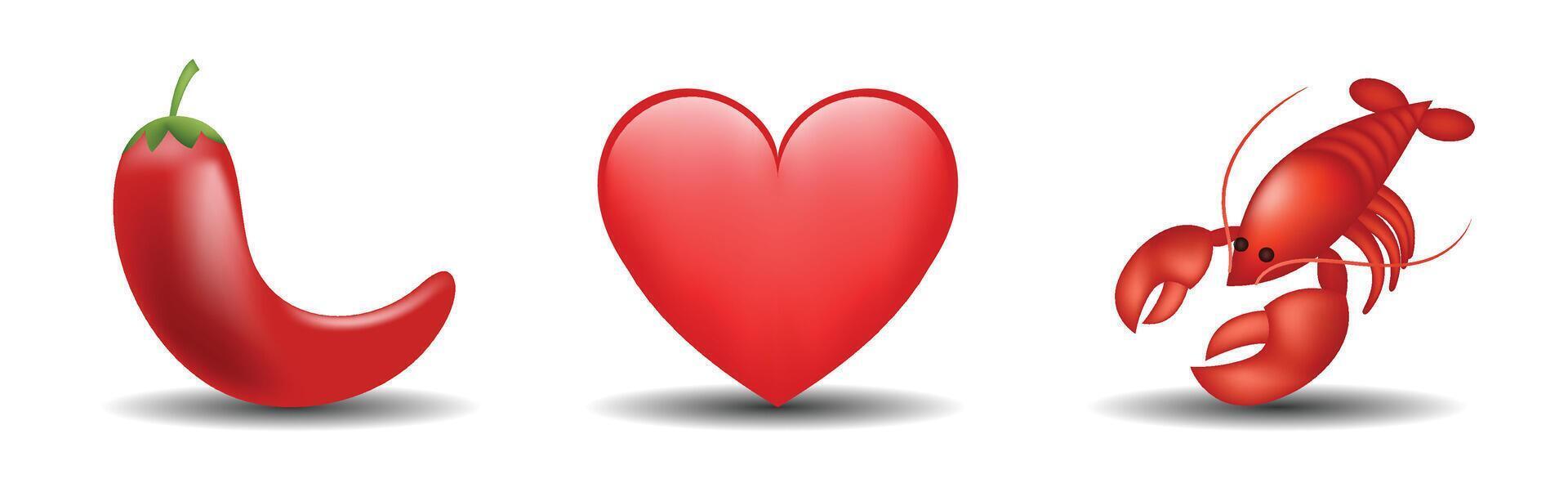 3 emoticons isolated on white background. Red color heart, scorpion, pepper emoji illustration. 3d illustration set. vector