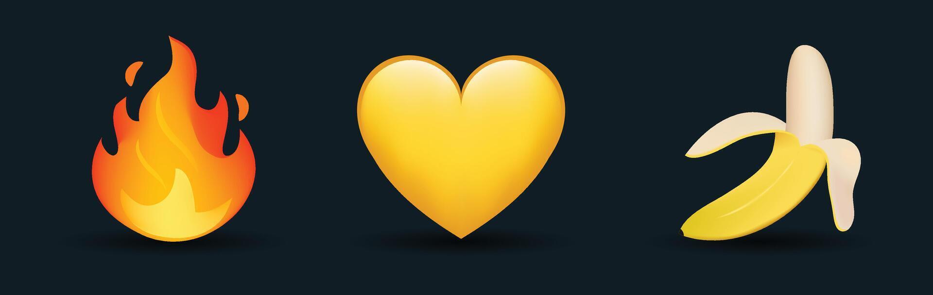 3 emoticons isolated on white background. Yellow color heart, flame, banana emoji illustration. 3d illustration set. vector
