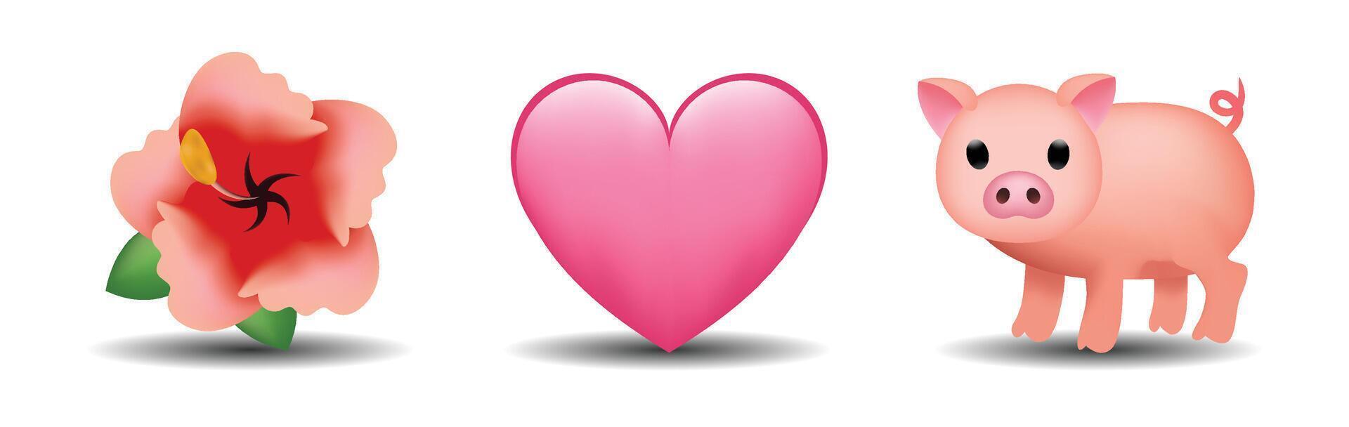 3 emoticons isolated on white background. Pink color heart, flower, pig emoji illustration. 3d illustration set. vector