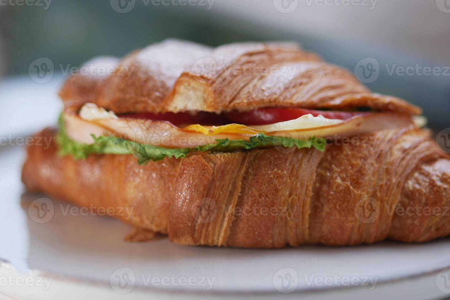 Croissant sandwich with fresh ingredients on a plate photo