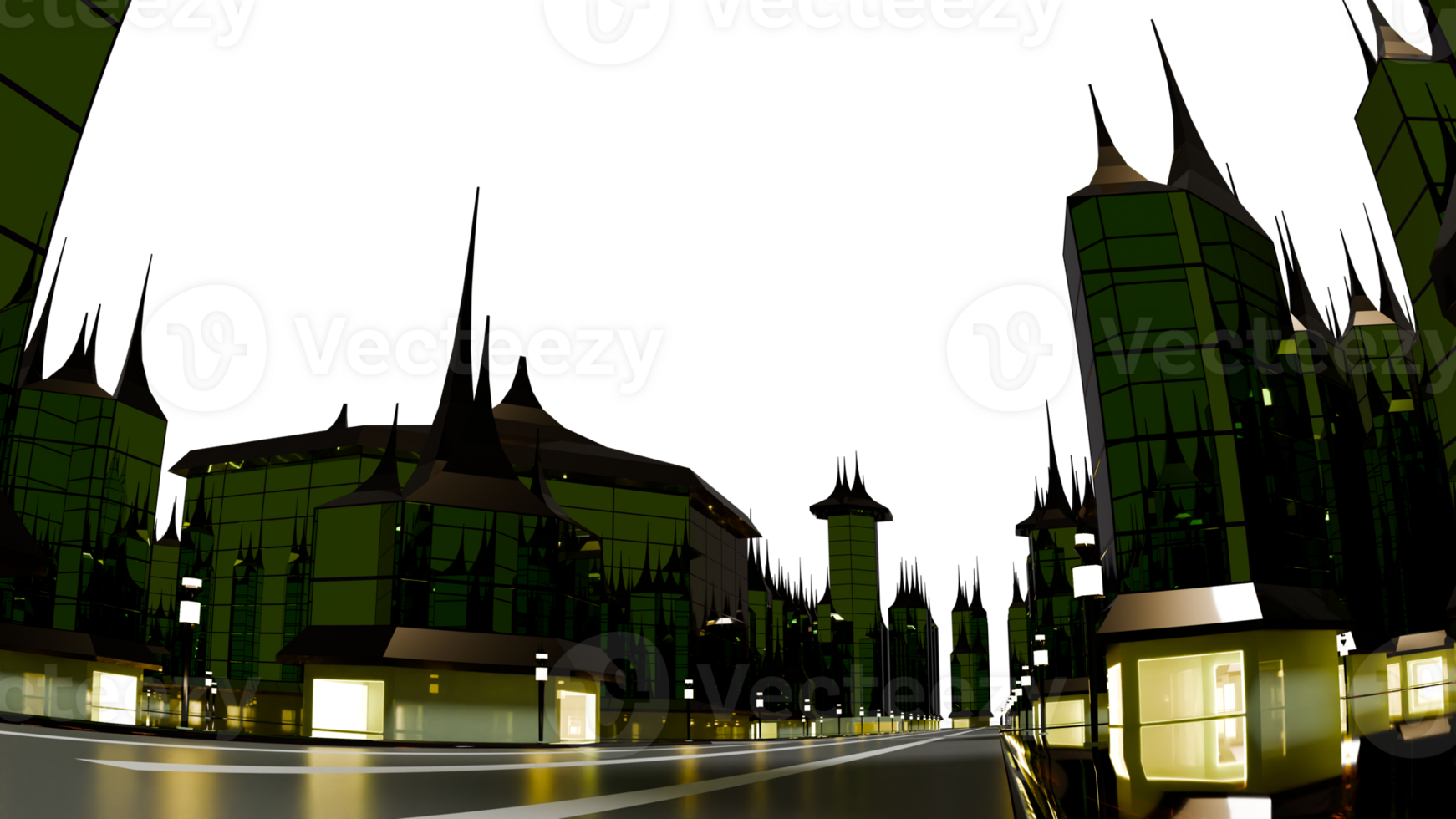 A city with green buildings and lights png