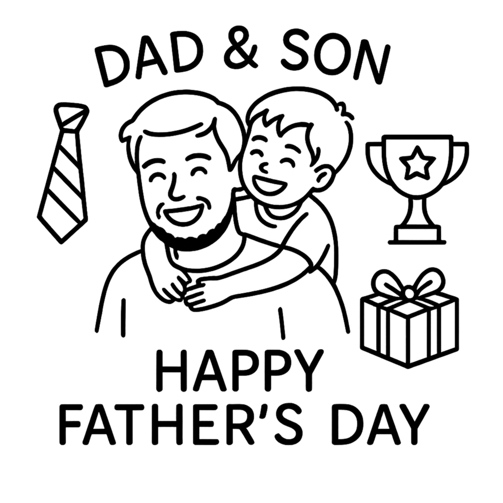 A black and white drawing of a father and son with the words dad and son happy father's png