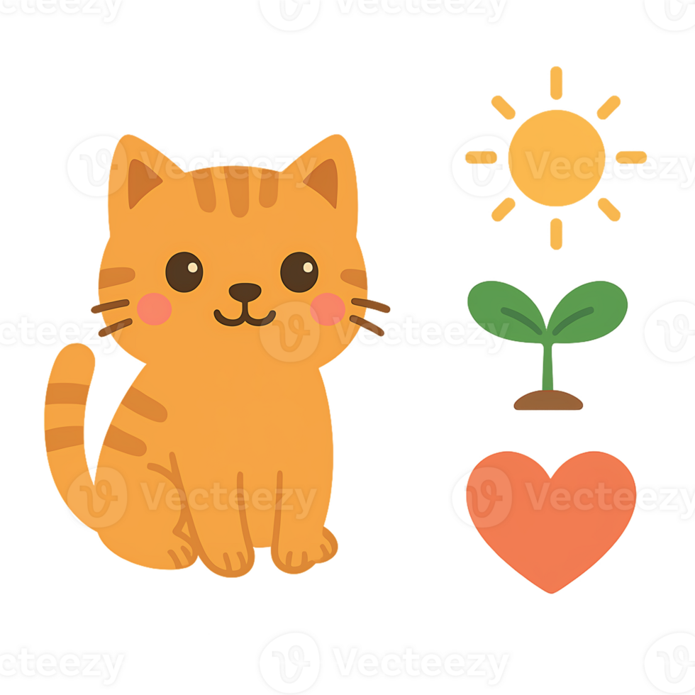 A cat with a heart, sun and plant png