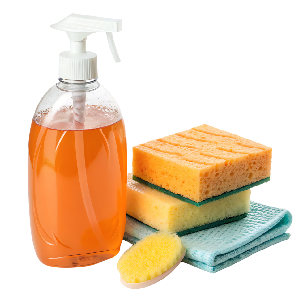Orange dish soap bottle with sponges and cloth isolated on transparent background png