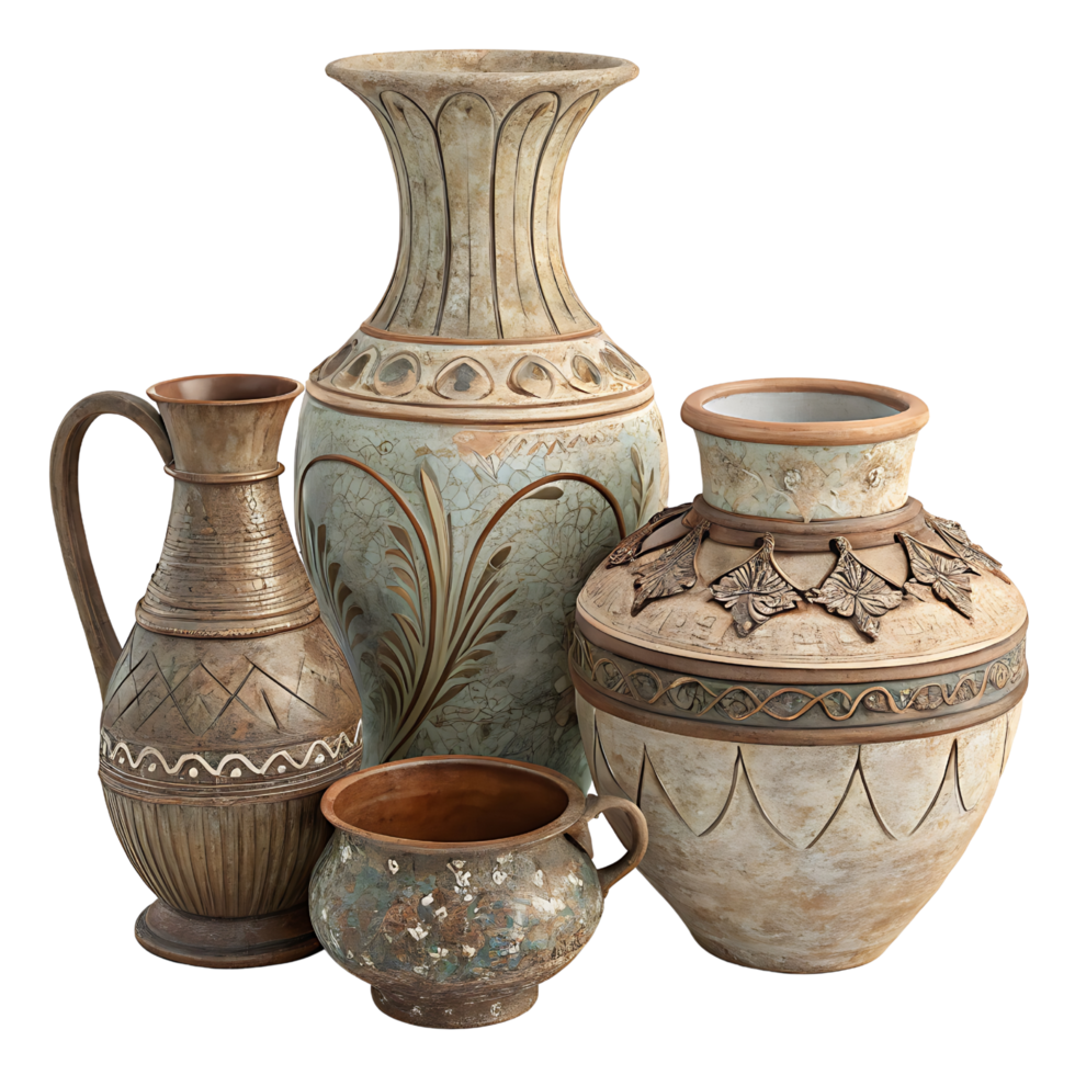 Collection of antique pottery vases isolated png