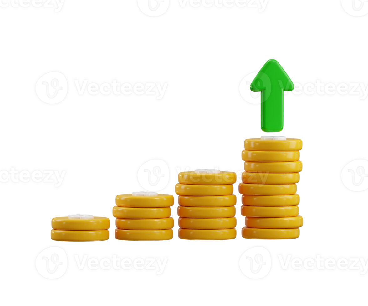 Dollar coin stack with growing arrow chart icon 3d render concept with financial profit money growth icon illustration png