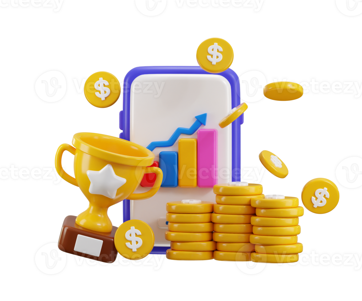 Smartphone with business line chart and trophy sign with dollar coin stack 3d render concept for Business target achievement complete icon illustration png