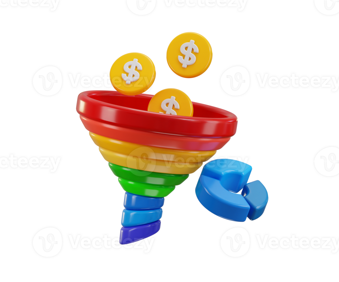 Funnel and dollar coin with pie chart icon 3d render concept of Marketing and Data Filtering Visuals for business illustration png