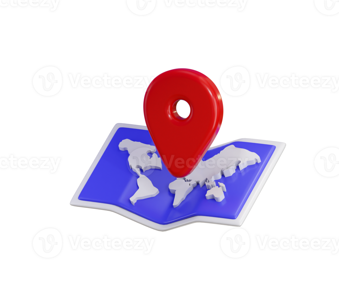 World map with location pin icon 3d render concept of Holiday and travel, GPS location navigation service icon illustration png