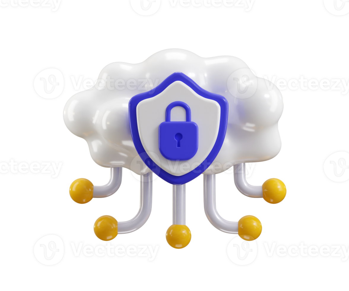 Cloud computing icon on protect shield with padlock icon 3d render concept of cloud security, data security, network security computer virus protection icon illustration png