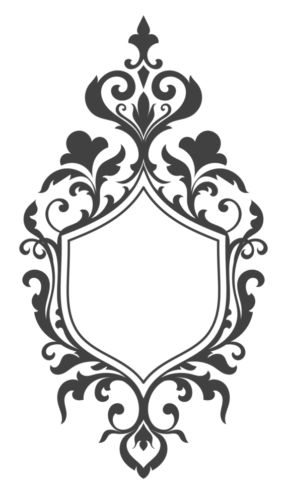 Shield frame, vintage scroll pattern, classic vintage border decoration, transparent background png