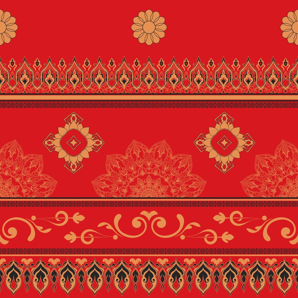 Golden fabric pattern elements on luxury red background. Seamless pattern for background. vector