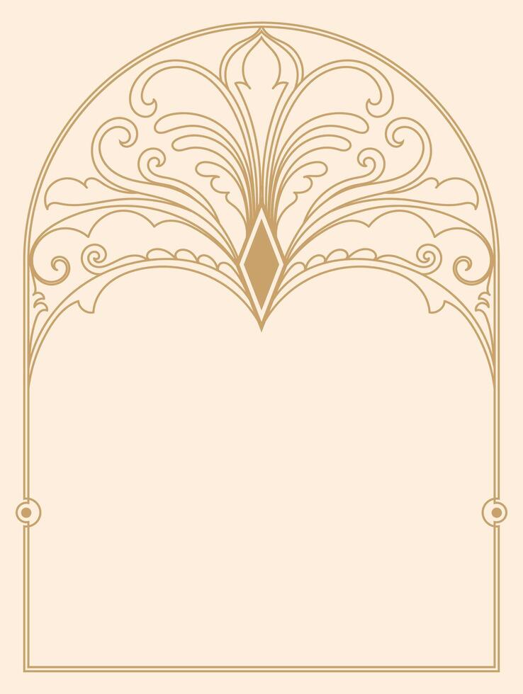 Art Deco curved frame, gold line border, vintage style, abstract leaves vector