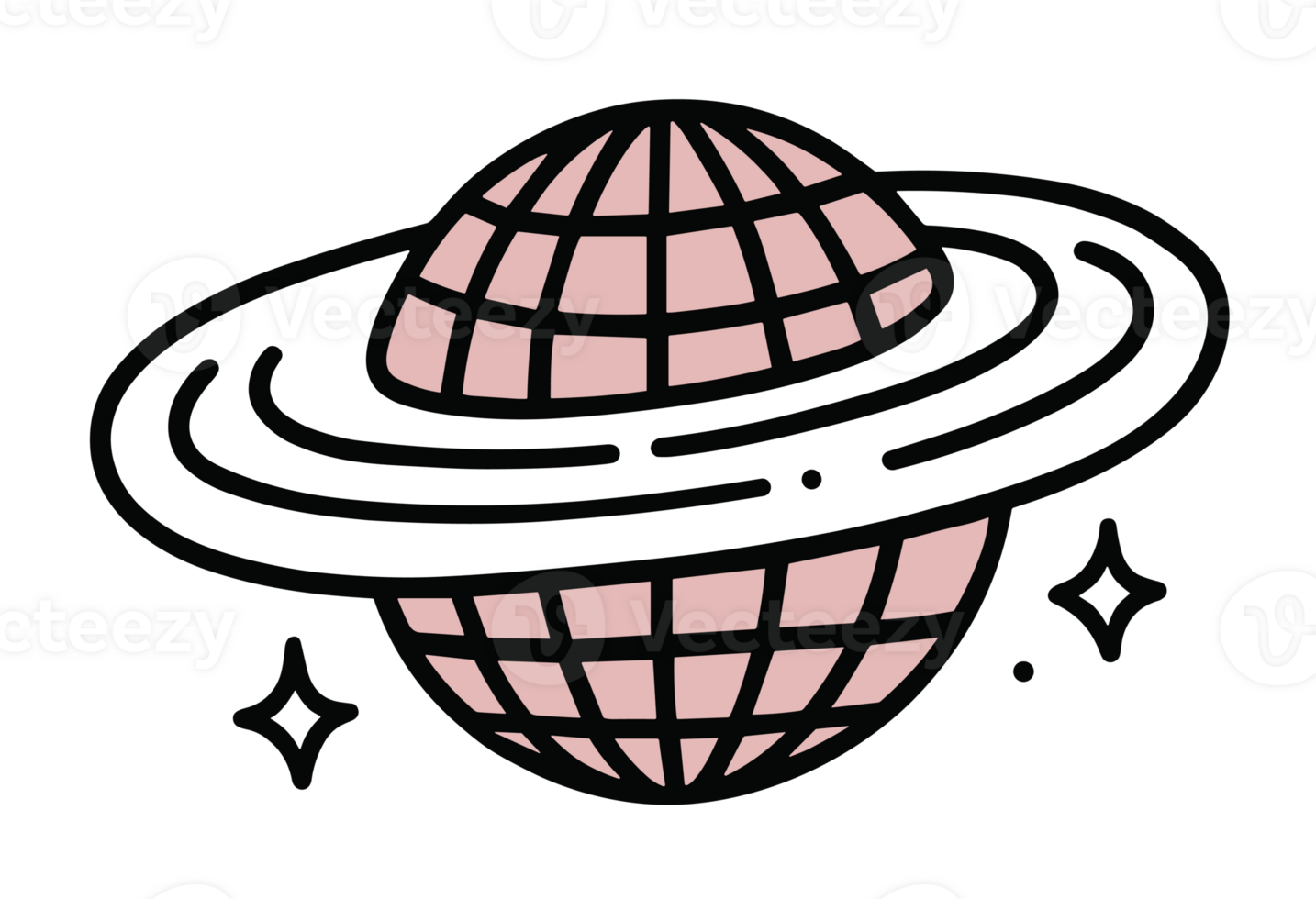 Disco ball drawing cosmic party girls night Saturn black and pink aesthetic doodle illustration retro vintage celestial 80s 70s theme music dance event decor clipart transparent background png