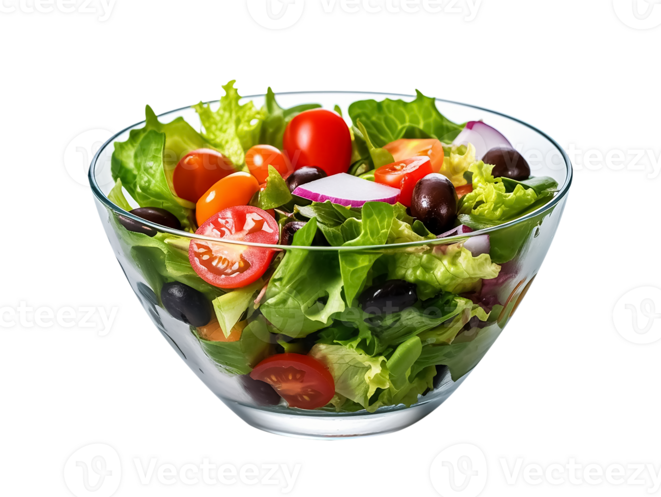 A salad in a glass bowl on a transparent background png