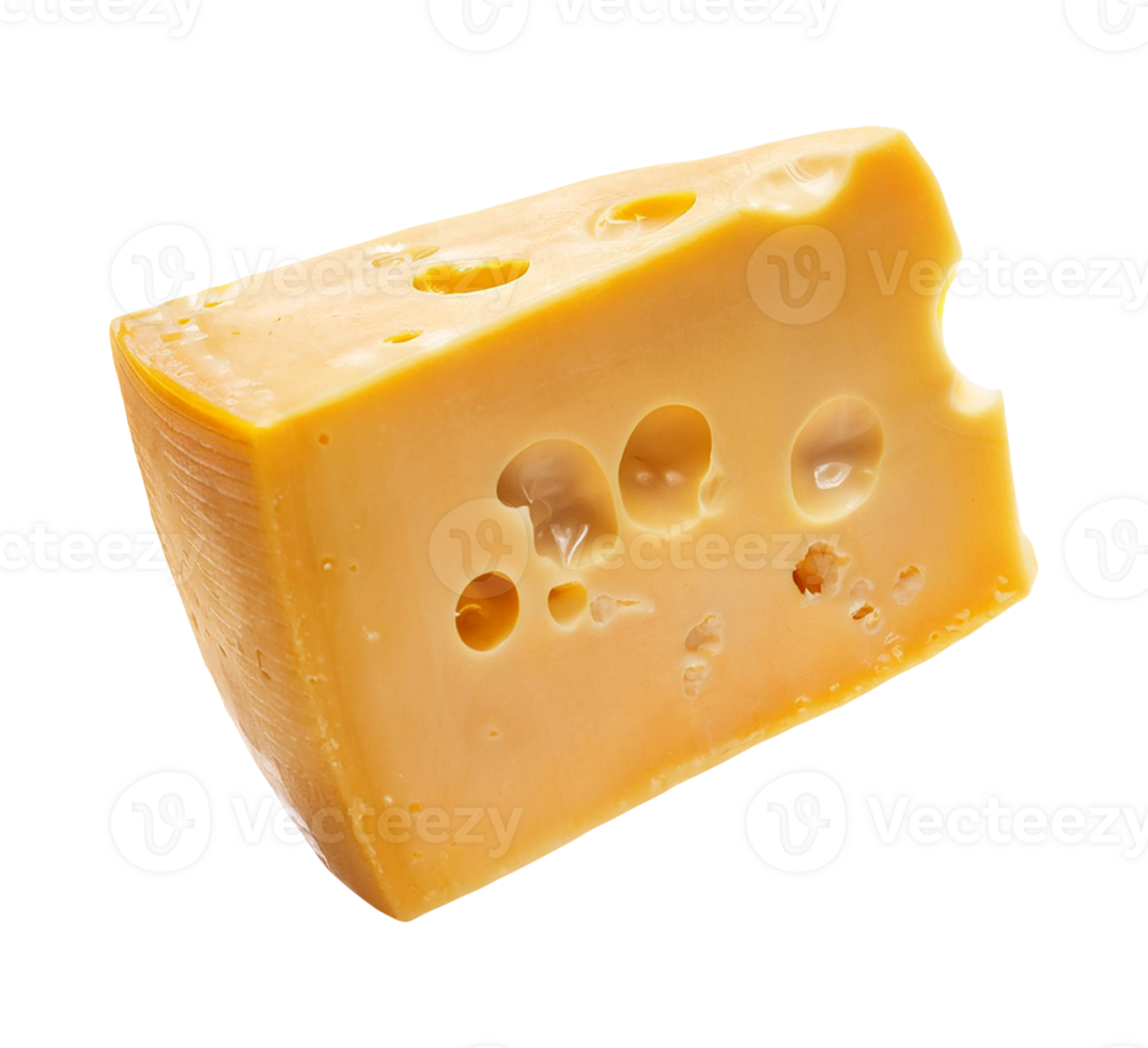 A piece of yellow cheese is shown on a transparent background png