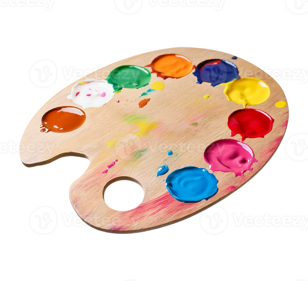 Art Palette with Mixed Paint Colors on Wooden Surface png