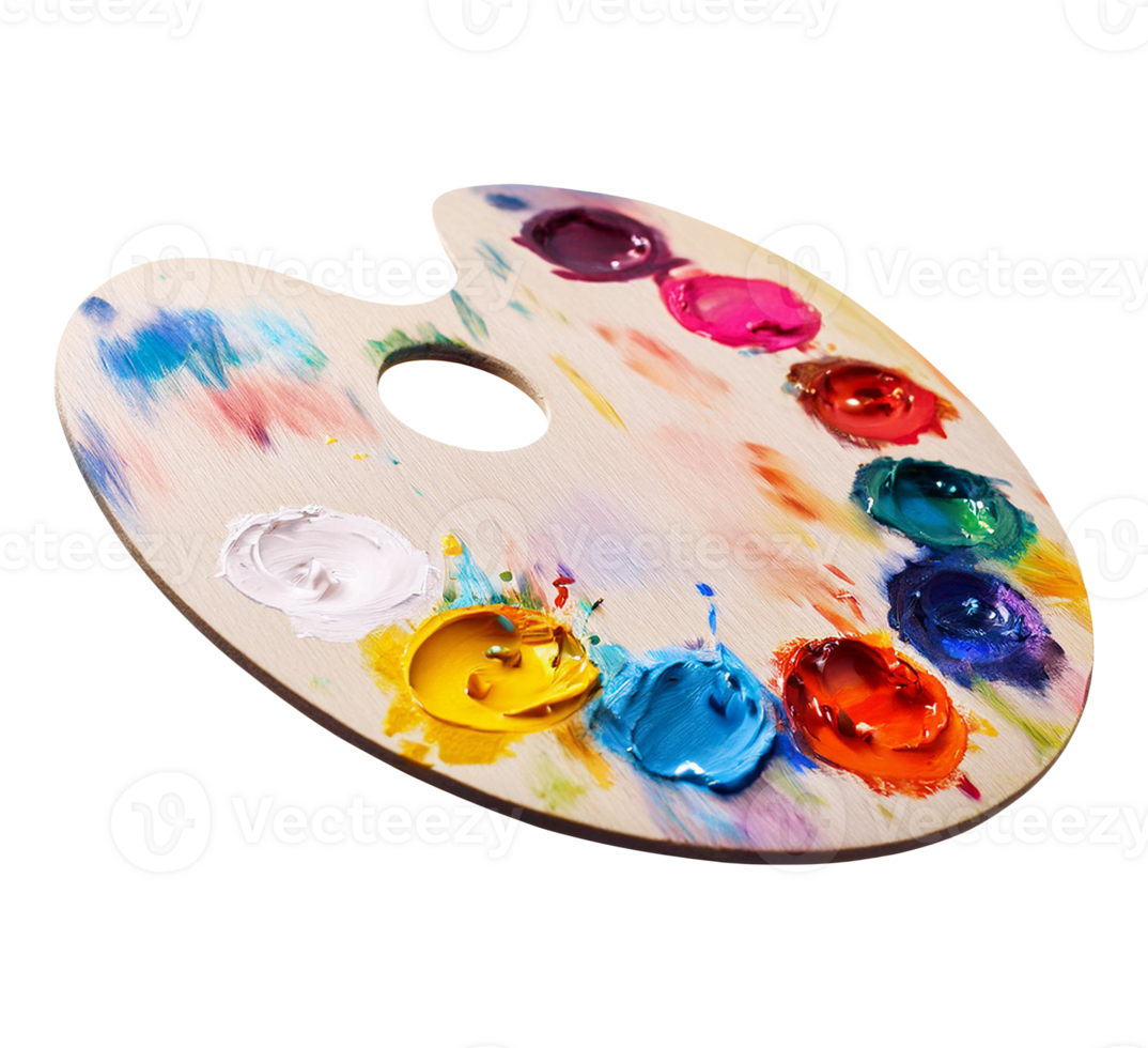 Realistic Wooden Paint Palette with Vivid Color Spots png