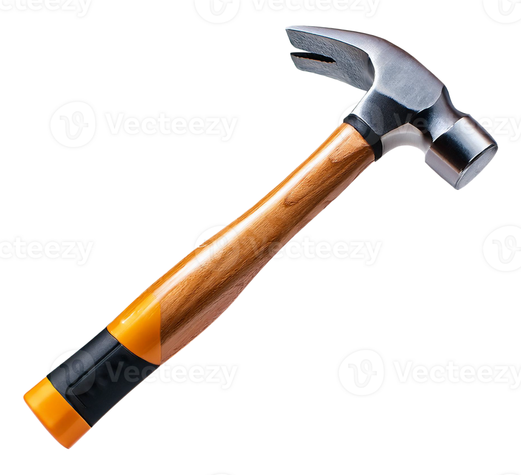 A hammer with a wooden handle on a transparent background png