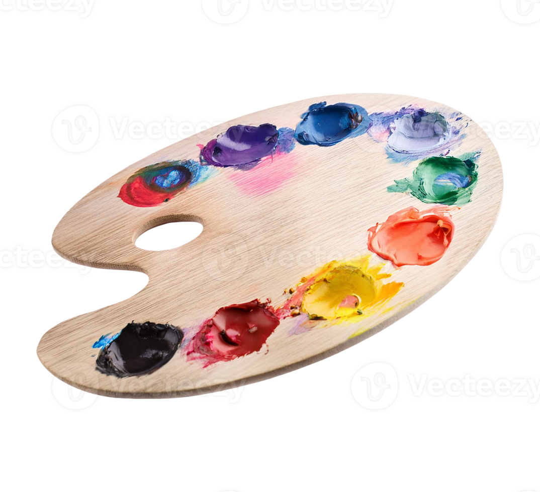 Wooden Paint Palette with Colorful Paints Isolated on Transparent Background png