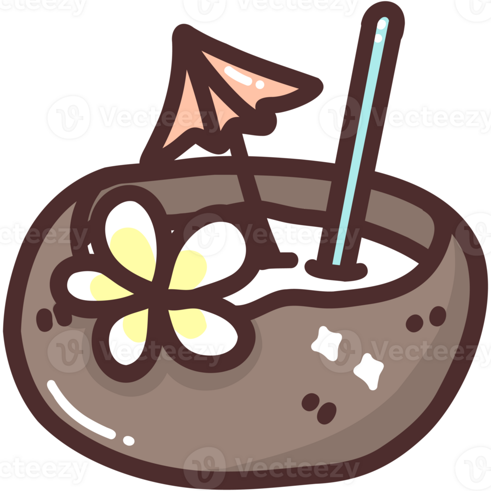 Cute Tropical Coconut Drink with Straw and Flower Illustration png