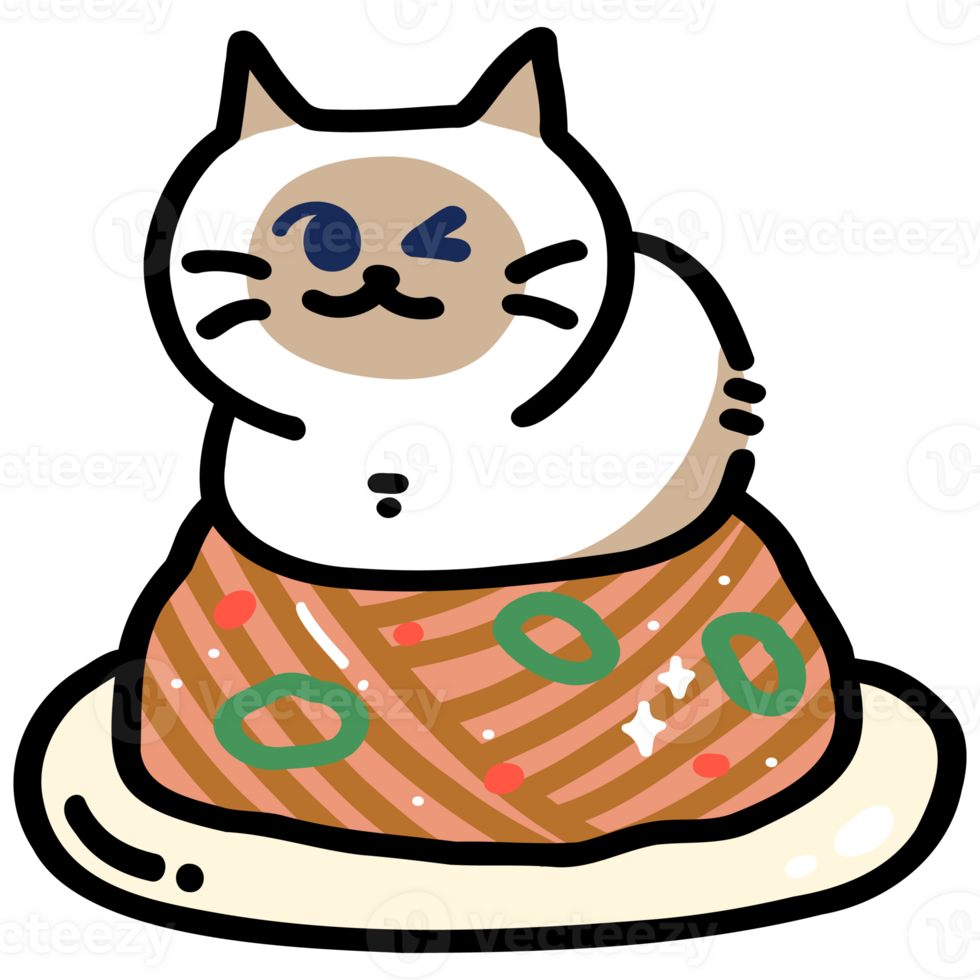 Cute Siamese Cat on Spaghetti - Kawaii Food Illustration png
