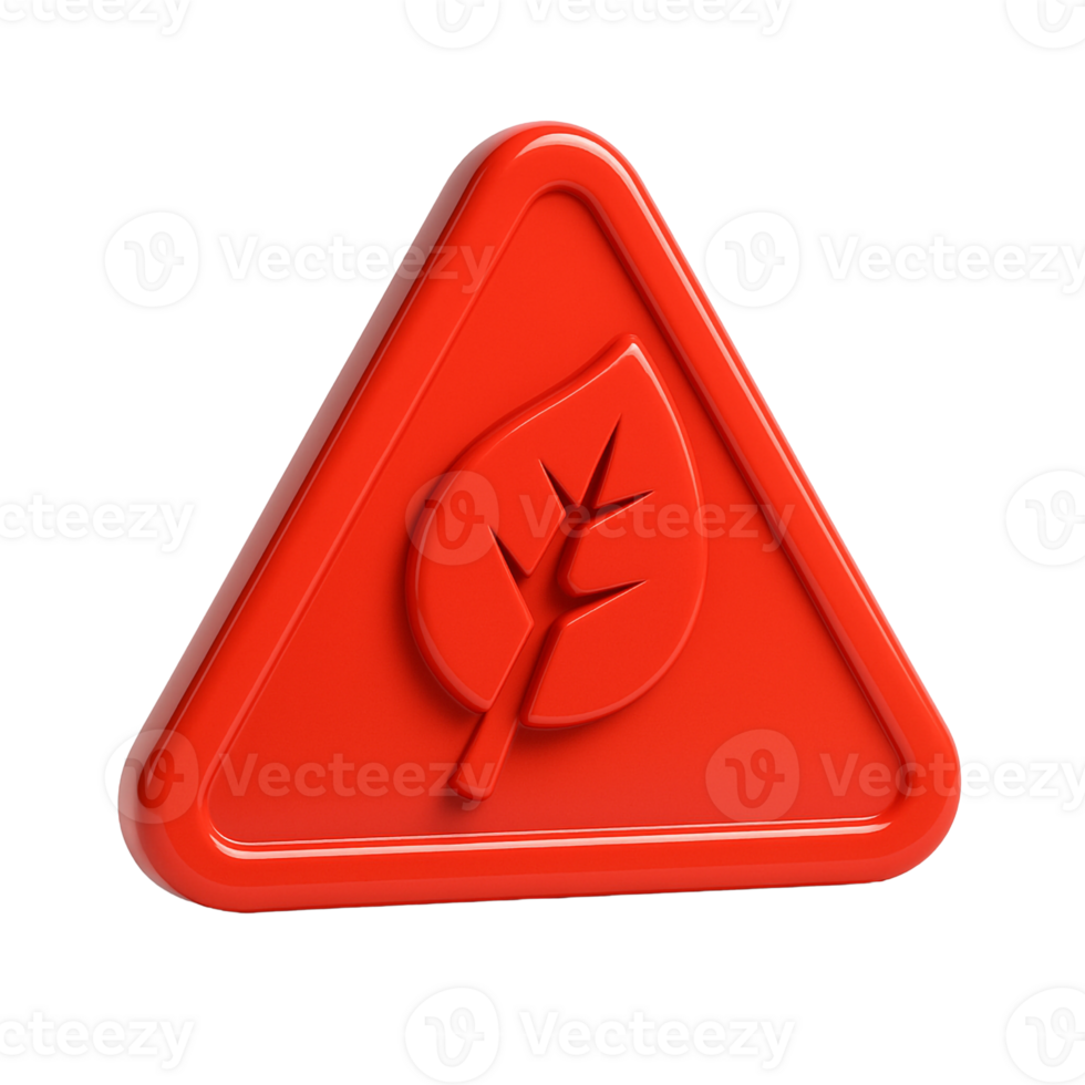 Red glossy 3D danger icon with cracked leaf symbol or drained battery, triangle or octagon design, soft shadows, signifying urgent environmental impact png