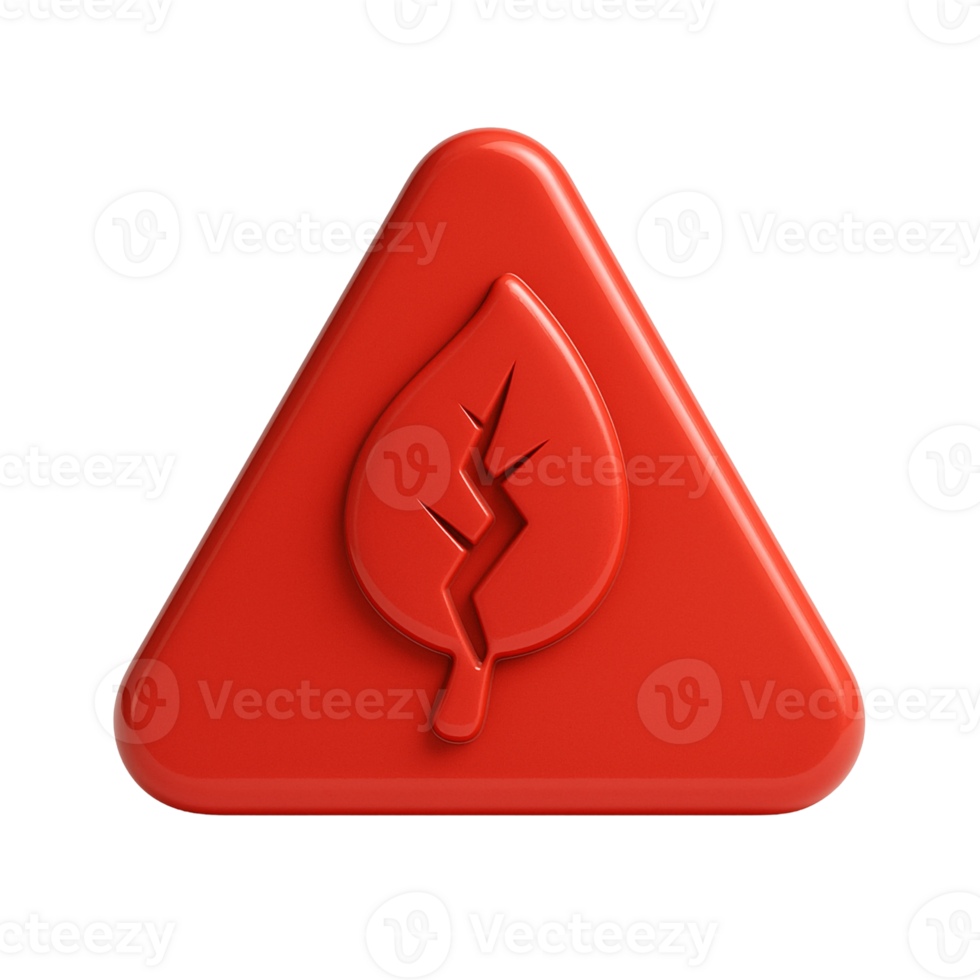 3D red glossy warning symbol icon in triangle or octagon shape with cracked leaf graphic, soft plastic texture and shadows, representing ecological failure png