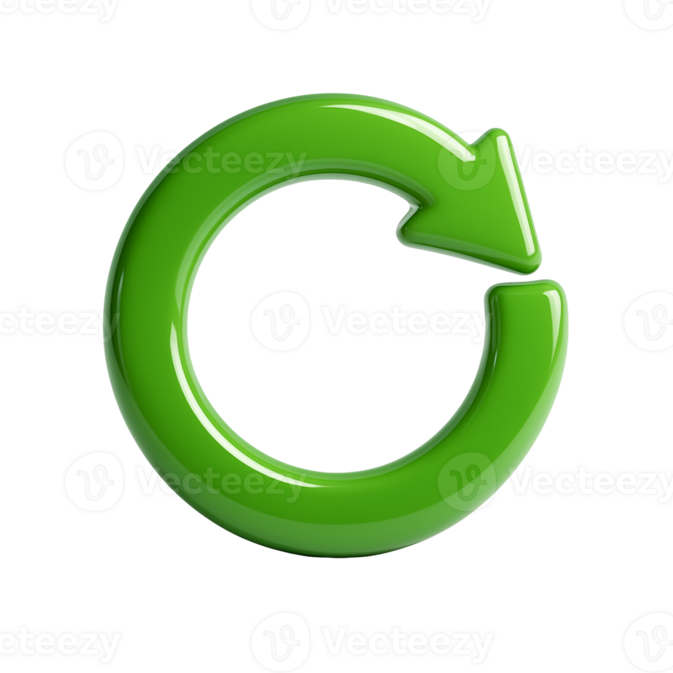 Green 3D recycling loop icon with arrow in circular motion, glossy reflective surface and soft depth, ideal for eco movement and energy flow visuals png